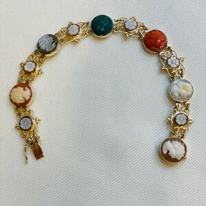 Estate Victorian Revival 14K Gold Carved Shell Cameo Filigree Floral Bracelet